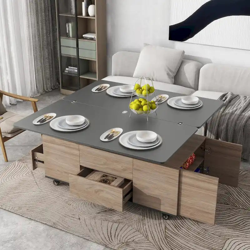 Table basse moderne à plateau relevable en noyer et blanc, table multifonctionnelle avec tiroirs et étagères