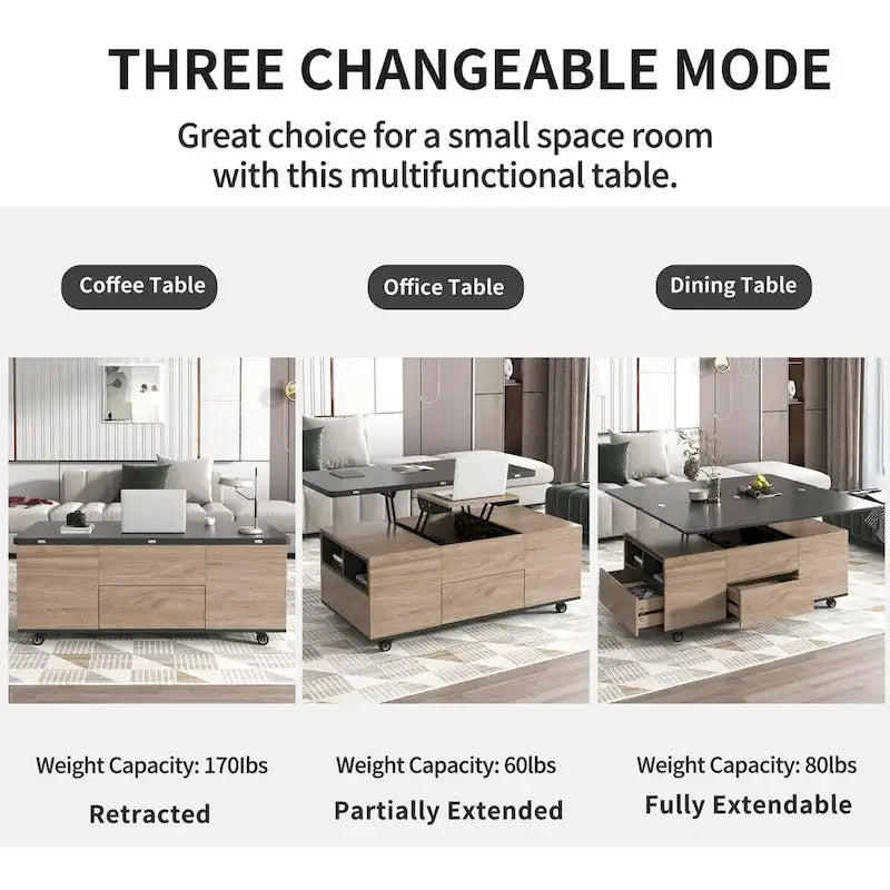 Table basse moderne à plateau relevable en noyer et blanc, table multifonctionnelle avec tiroirs et étagères
