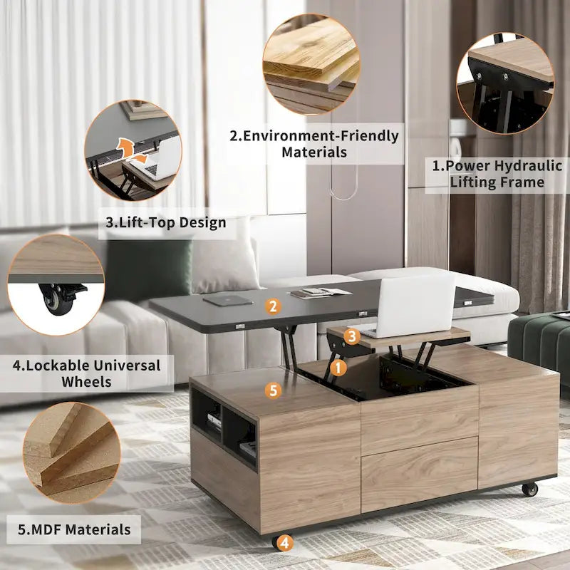 Table basse moderne à plateau relevable en noyer et blanc, table multifonctionnelle avec tiroirs et étagères