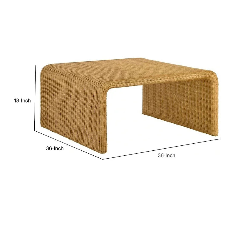 Table basse carrée en rotin de 91 cm, bords arrondis, marron texturé naturel