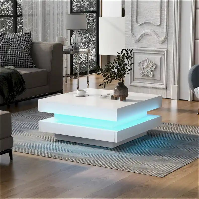 Table basse carrée à 2 niveaux, design minimaliste très brillant avec lumières LED, table basse de salon