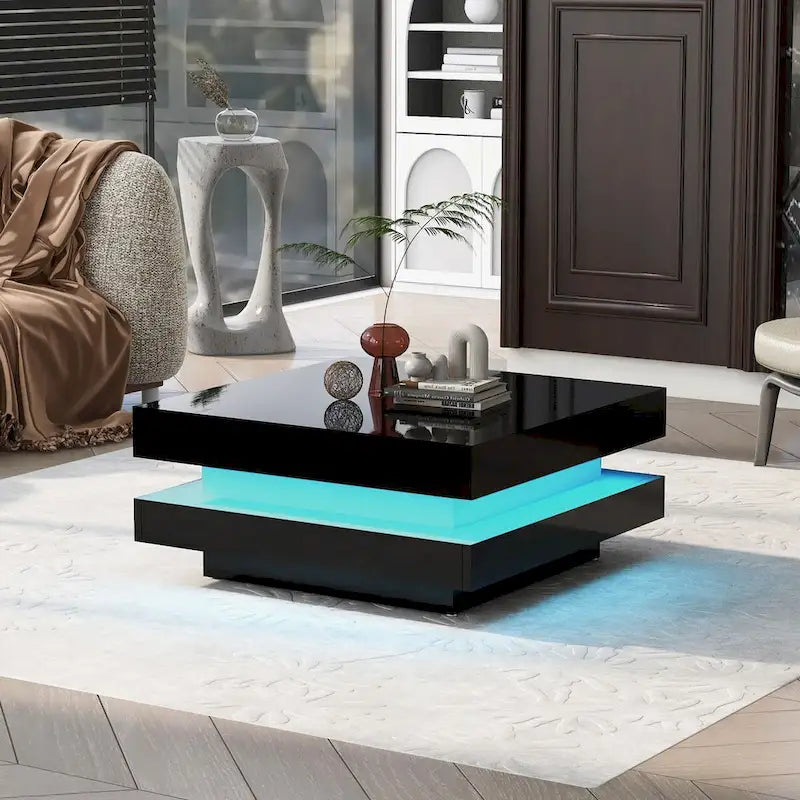 Table basse carrée à 2 niveaux, design minimaliste très brillant avec lumières LED, table basse de salon