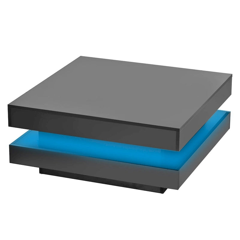 Table basse carrée à 2 niveaux, design minimaliste très brillant avec lumières LED, table basse de salon
