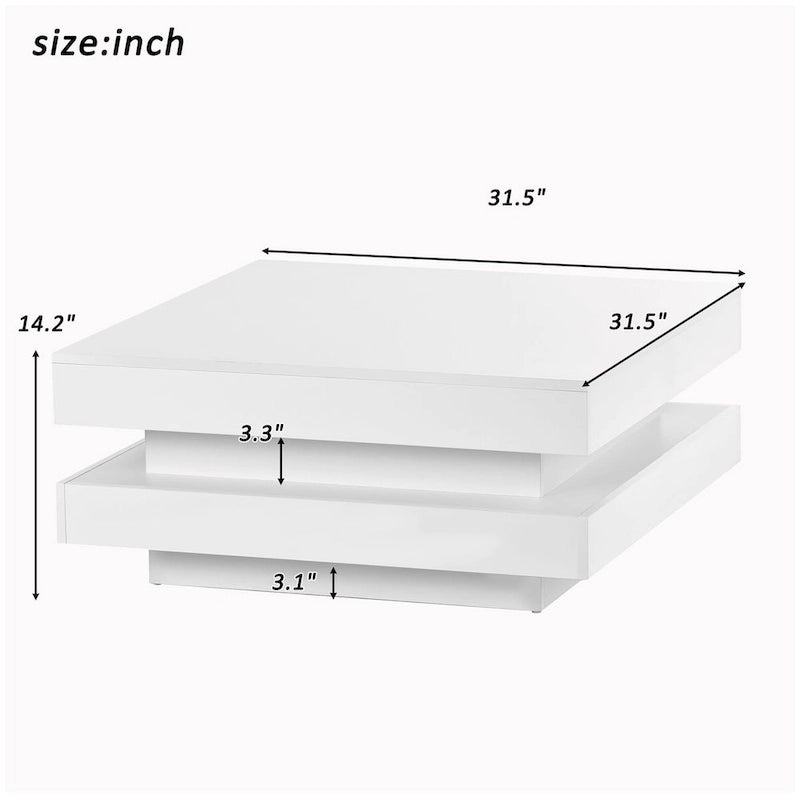 Table basse carrée à 2 niveaux, design minimaliste très brillant avec lumières LED, table basse de salon