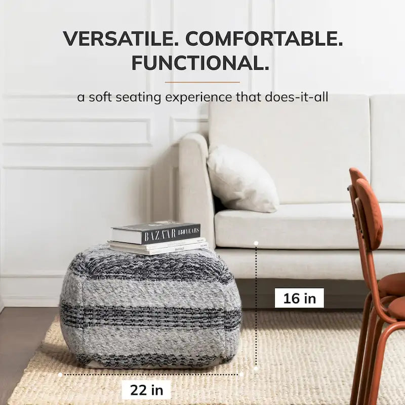 Pouf-ottoman carré rayé gris tissé à la main de 60 cm