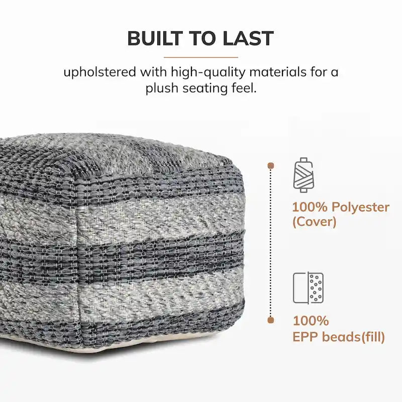 Pouf-ottoman carré rayé gris tissé à la main de 60 cm