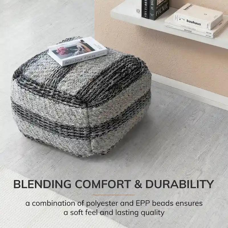 Pouf-ottoman carré rayé gris tissé à la main de 60 cm