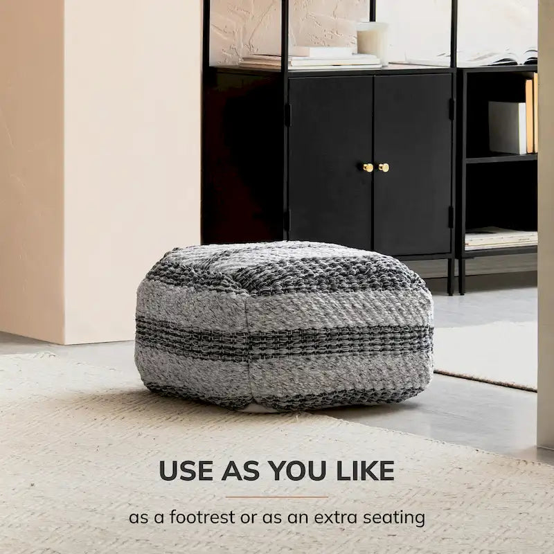Pouf-ottoman carré rayé gris tissé à la main de 60 cm