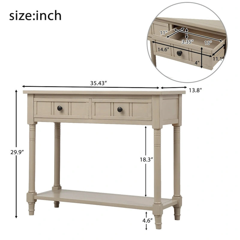 Console vintage avec 2 tiroirs et étagère inférieure