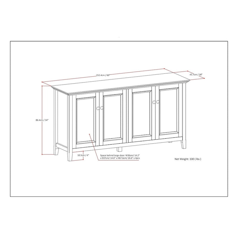 Meuble de rangement 4 portes en bois massif de 66 pouces