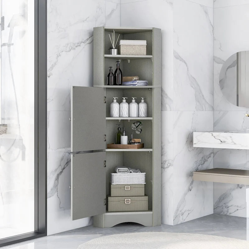 Meuble Colonne de Salle de Bain d'Angle, Meuble de Rangement sur Pied avec Portes et Étagères Réglables, Panneau MDF