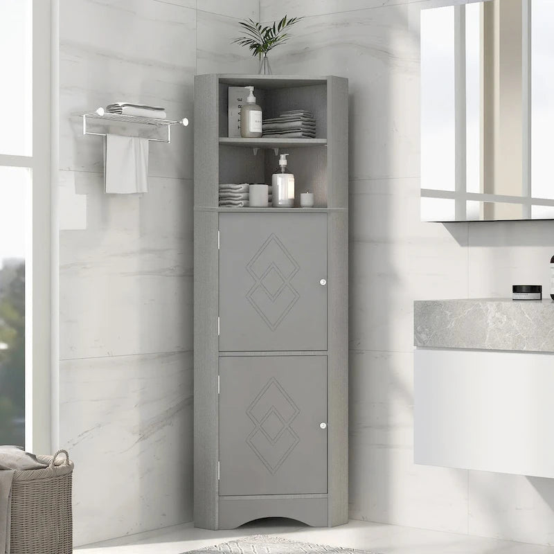 Meuble Colonne de Salle de Bain d'Angle, Meuble de Rangement sur Pied avec Portes et Étagères Réglables, Panneau MDF