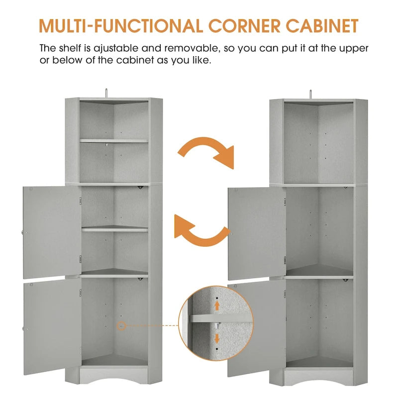 Meuble Colonne de Salle de Bain d'Angle, Meuble de Rangement sur Pied avec Portes et Étagères Réglables, Panneau MDF