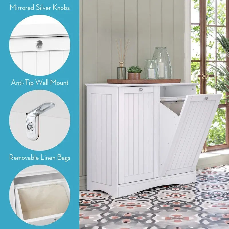 Meuble de salle de bain double à bascule avec sacs à linge en tissu