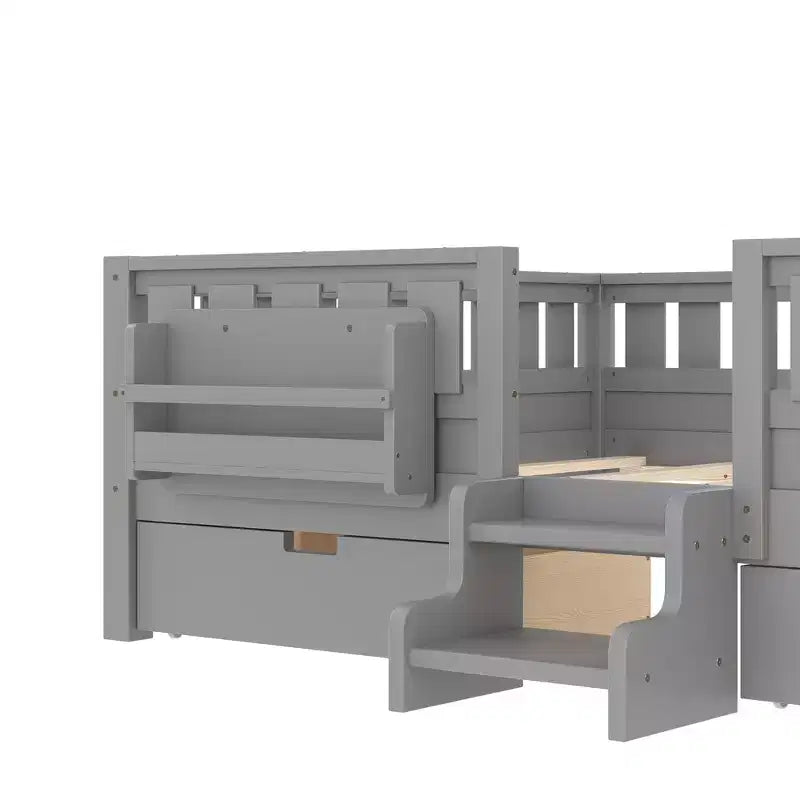 Lit pour tout-petits Bellemave Queen Size avec 14 barrières de sécurité, cadre de lit peu encombrant avec étagères intégrées et 2 tiroirs de rangement sous le lit