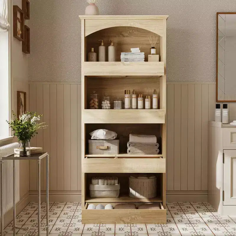 Meuble de rangement de salle de bain en bois avec étagères et tiroir organisateur pour articles de toilette