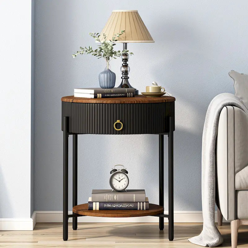 Myhozm Table d'appoint moderne avec tiroir de rangement, table de chevet ronde avec pieds en métal pour salon, chambre, bureau