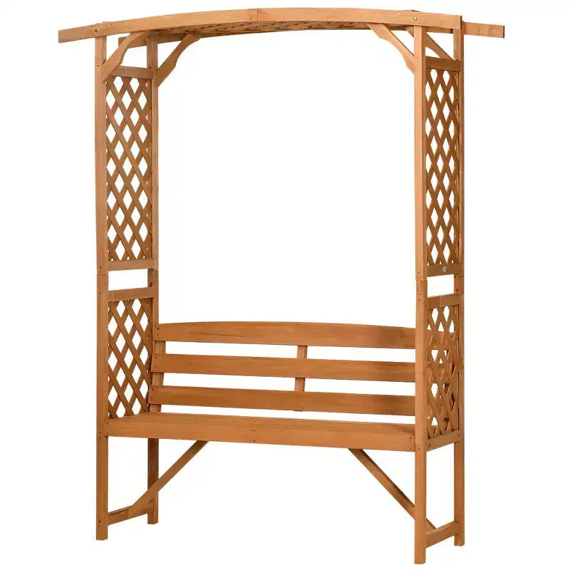 Banc de jardin Outsunny avec arche pergola et 2 treillis, banc extérieur 3 places en bois naturel pour vignes et plantes grimpantes