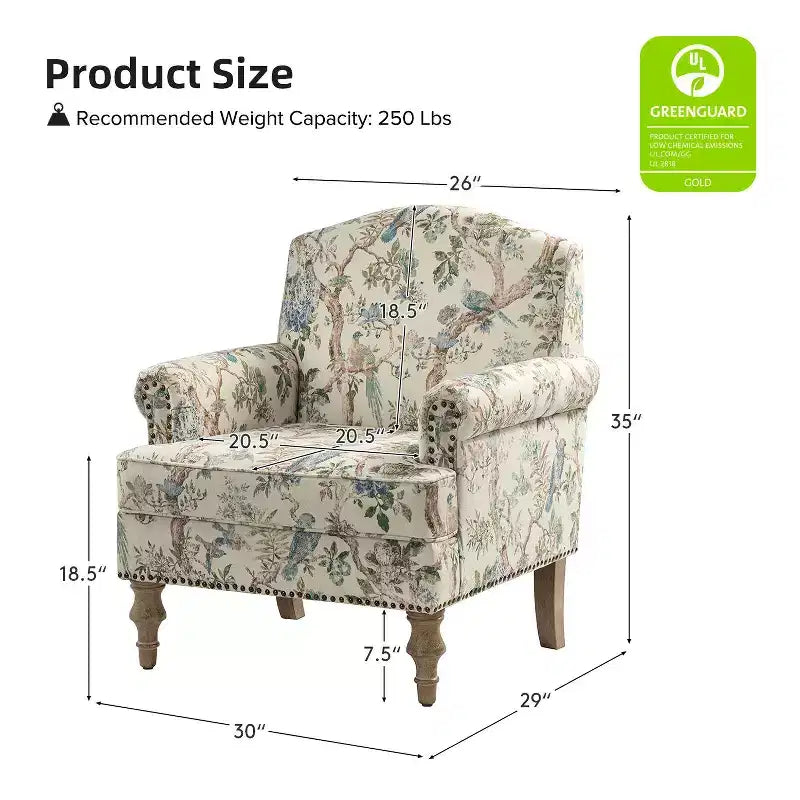 Fauteuil rembourré en bois avec motif floral, accoudoirs à panneaux et dossier en forme de bosse de chameau.