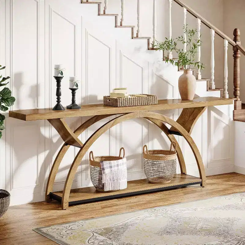 70.87 Table console industrielle avec étagères de rangement à 2 niveaux, marron clair