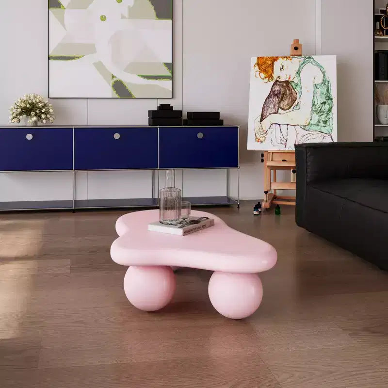 Table basse nuage de 40 po avec pieds sphériques, table centrale moderne et irrégulière pour salon, rose