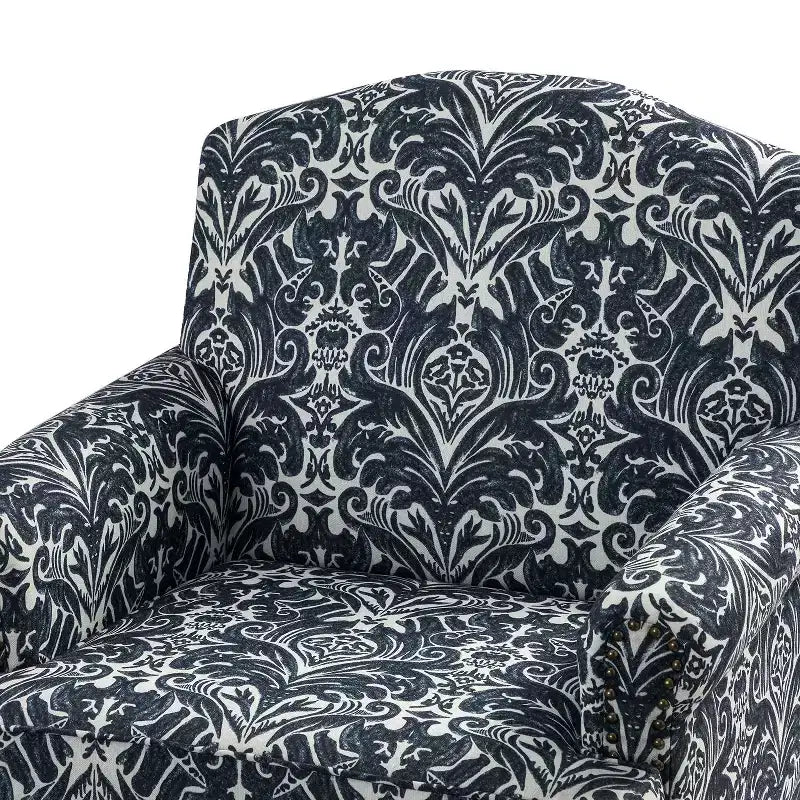 Fauteuil rembourré en bois avec motif floral, accoudoirs à panneaux et dossier en forme de bosse de chameau.