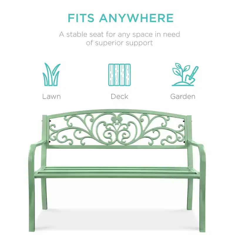 Banc d'extérieur en acier Best Choice Products, mobilier de jardin pour terrasse ou porche avec dossier à motif floral