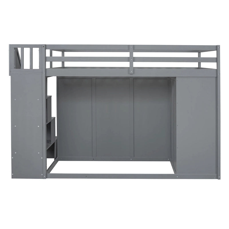 Lit mezzanine en bois gris, taille standard, avec penderies, tiroirs et escalier de rangement