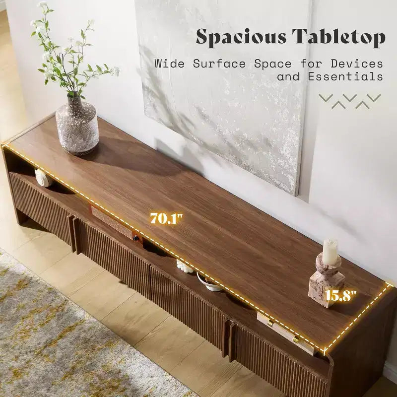 Meuble TV moderne AMERLIFE 70 avec design cannelé et armoires de rangement, pour téléviseurs jusqu'à 80 pouces, meuble TV en bois pour salon