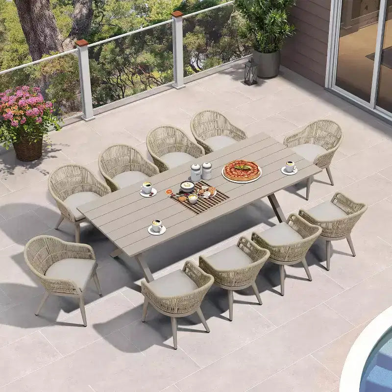 Ensemble de salle à manger d'extérieur PURPLE LEAF avec table à manger en aluminium et chaises en rotin tressé