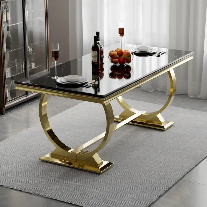 Table à manger de luxe avec piètement circulaire en métal poli - 72 pouces