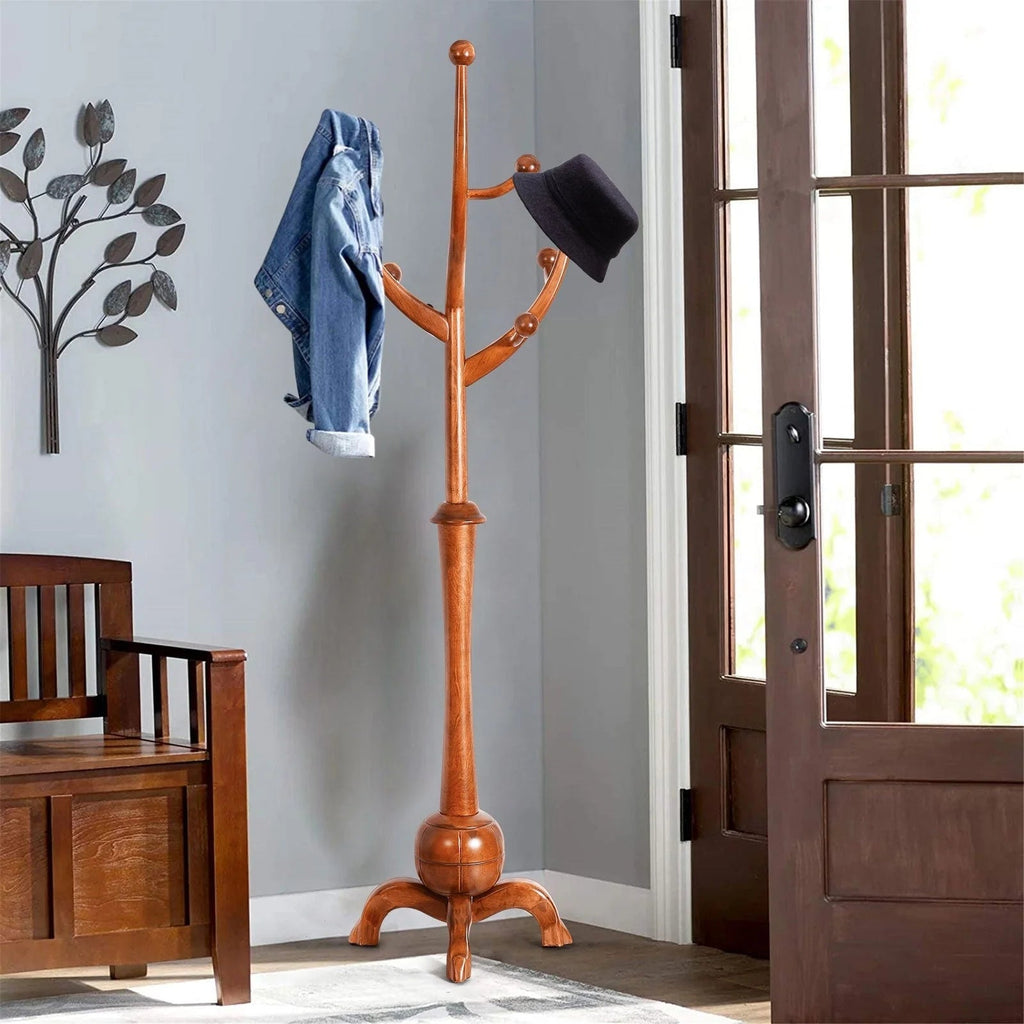 Porte-manteau sur pied en bois d'hévéa forme branche d'arbre avec 8 crochets - 24,5 L x 70,87 H