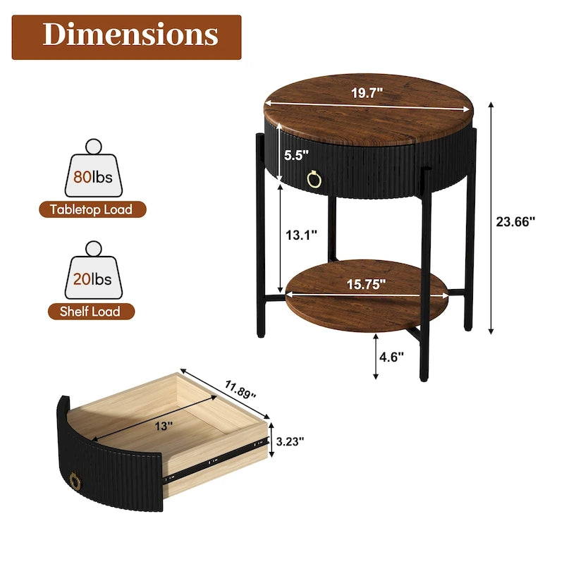 Myhozm Table d'appoint moderne avec tiroir de rangement, table de chevet ronde avec pieds en métal pour salon, chambre, bureau