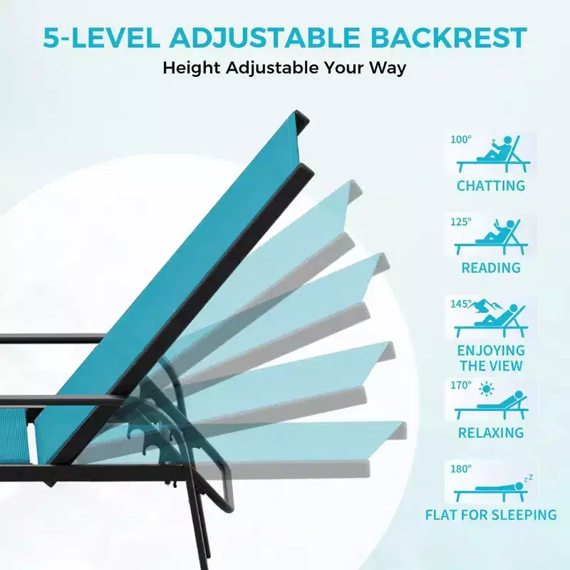 Lot de 2 chaises longues de jardin, transat inclinable réglable sur 5 positions, tissu Textilène, chaise longue de piscine de 193 cm pour terrasse, jardin et bord de piscine