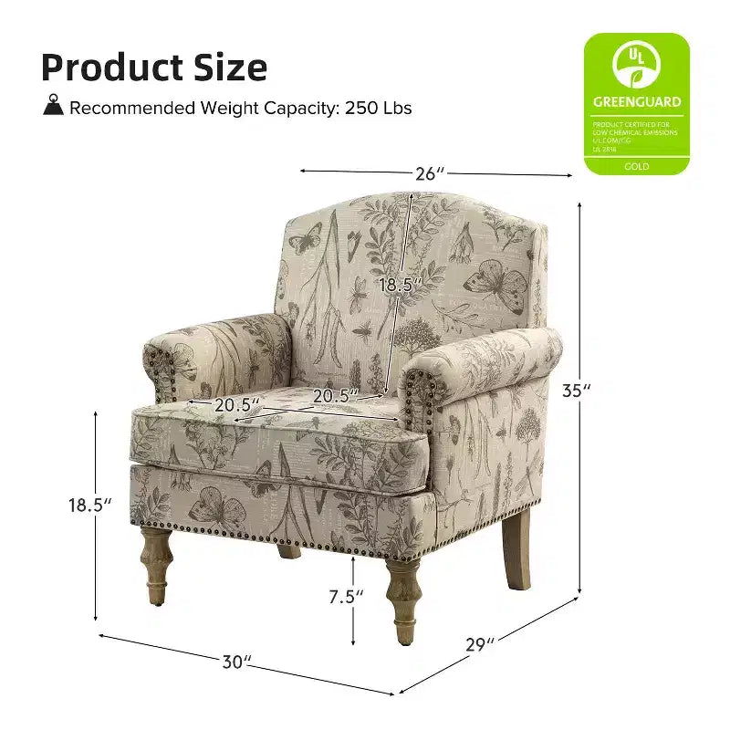 Fauteuil rembourré en bois avec motif floral, accoudoirs à panneaux et dossier en forme de bosse de chameau.