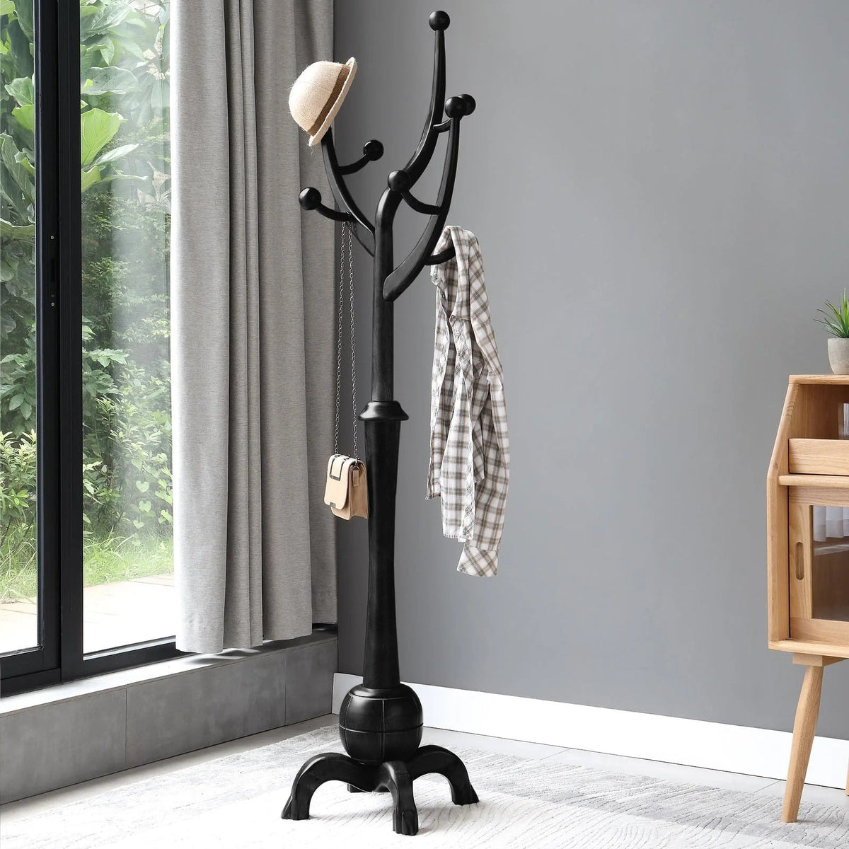 Porte-manteau sur pied en bois d'hévéa forme branche d'arbre avec 8 crochets - 24,5 L x 70,87 H