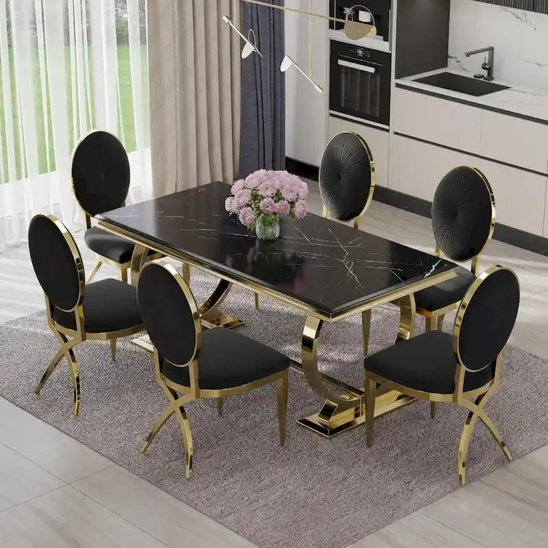 Table à manger de luxe avec piètement circulaire en métal poli - 72 pouces