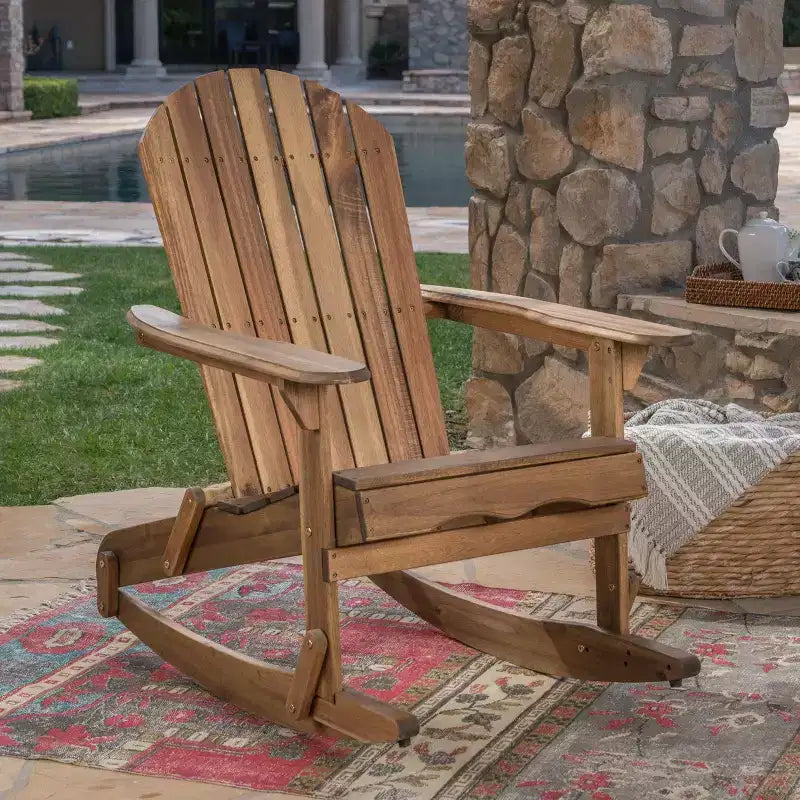 Okak Fauteuil à bascule rustique Adirondack en acacia de qualité supérieure, 1 pièce, chaise longue d'extérieur pour véranda, jardin et arrière-cour, naturel