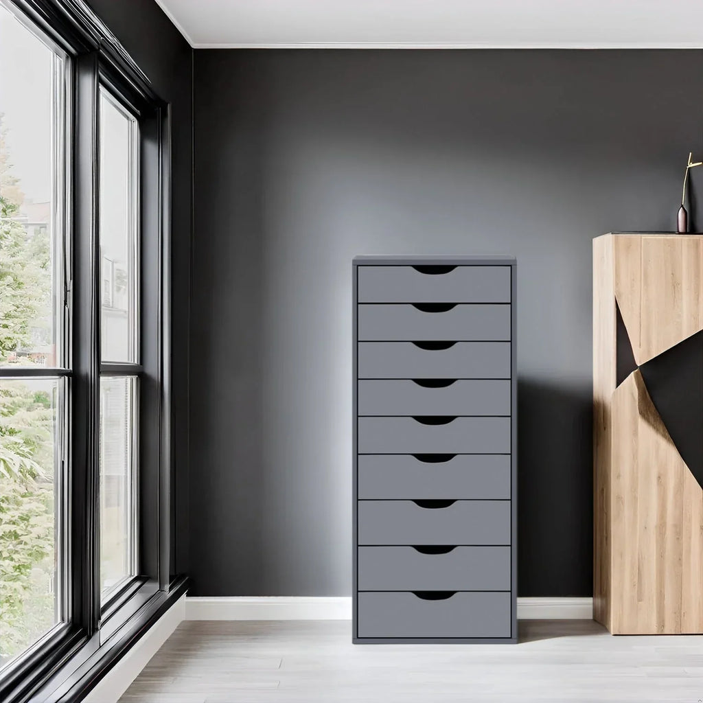 Meuble étroit en bois à 9 tiroirs avec coulisses fluides et étagère de rangement supérieure