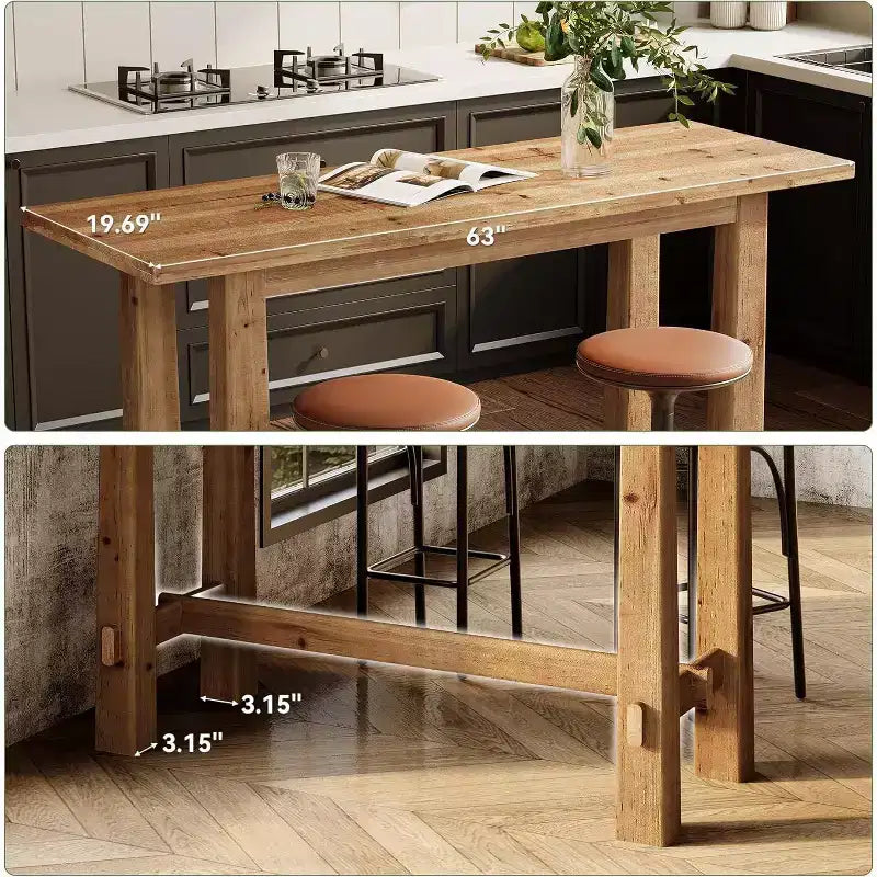 Table de bar haute en bois massif de 63 pouces pour cuisine, café ou restaurant