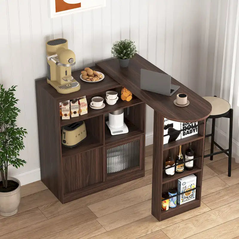 Meuble Bar Moderne avec Plateau Rotatif, Meuble de Salle à Manger Hauteur Comptoir avec 6 Espaces de Rangement et 2 Portes en Verre Nervuré