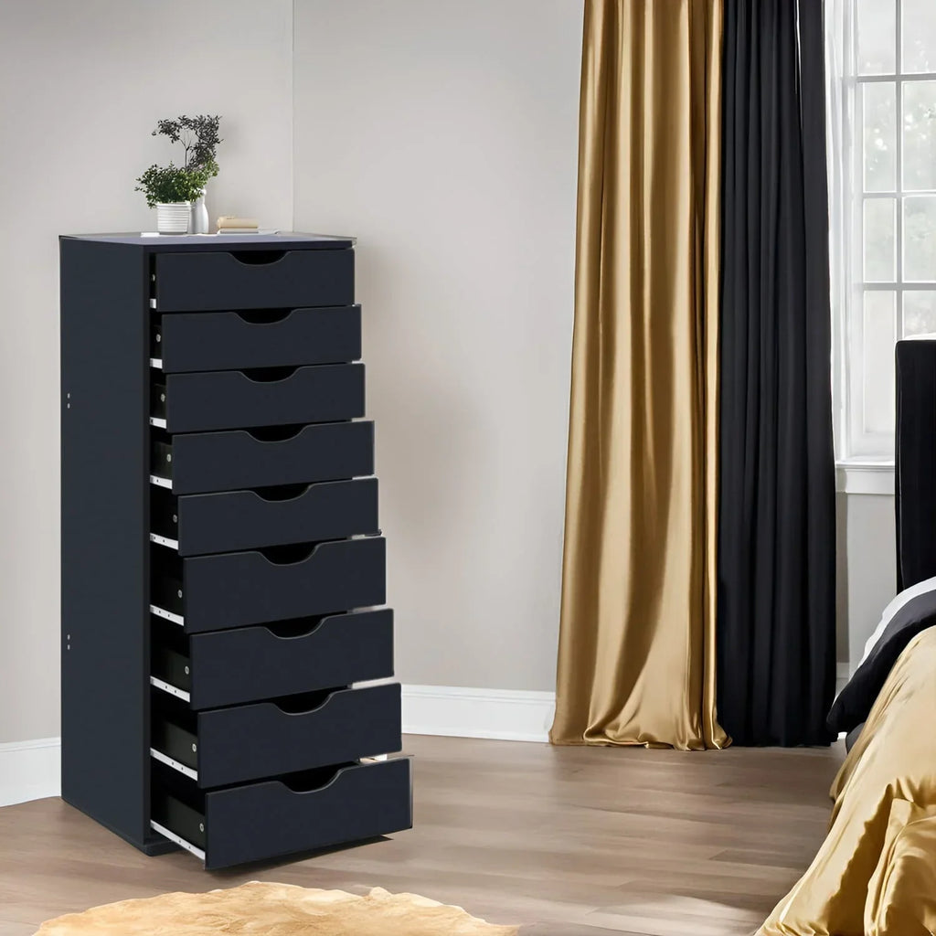 Meuble étroit en bois à 9 tiroirs avec coulisses fluides et étagère de rangement supérieure