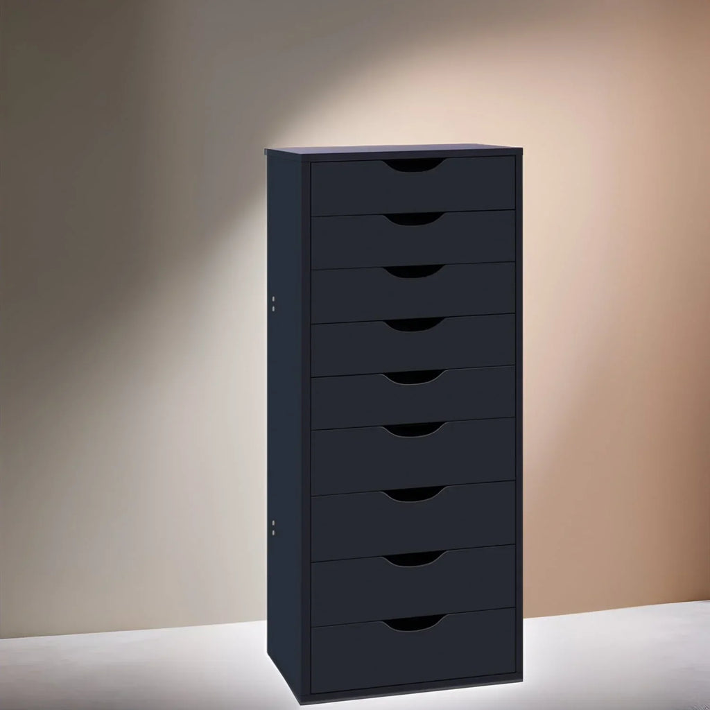 Meuble étroit en bois à 9 tiroirs avec coulisses fluides et étagère de rangement supérieure