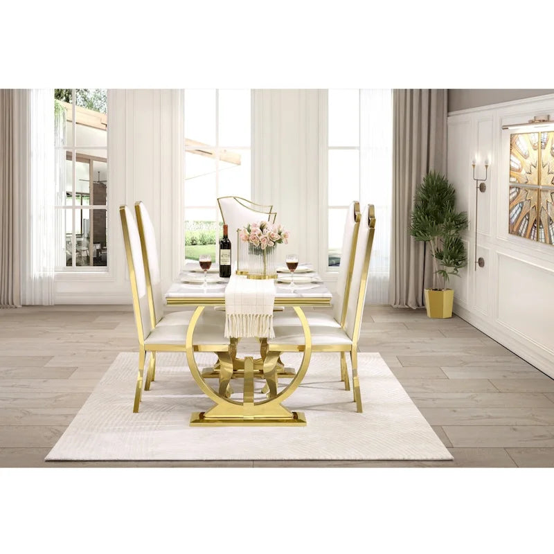 Table à manger de luxe avec piètement circulaire en métal poli - 72 pouces