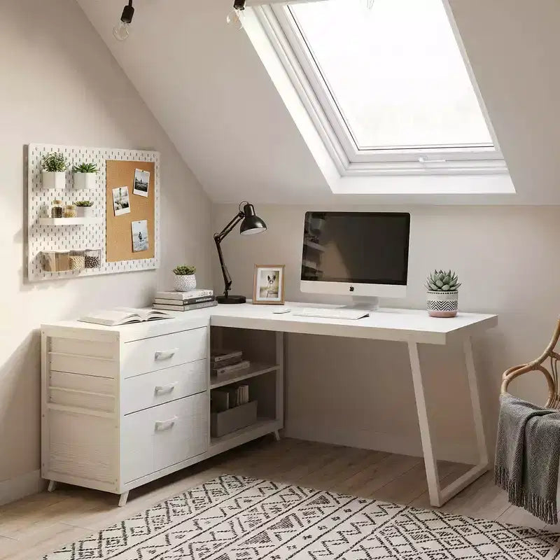 Bureau d'angle réversible avec 3 tiroirs et étagères ouvertes – Bureau rustique