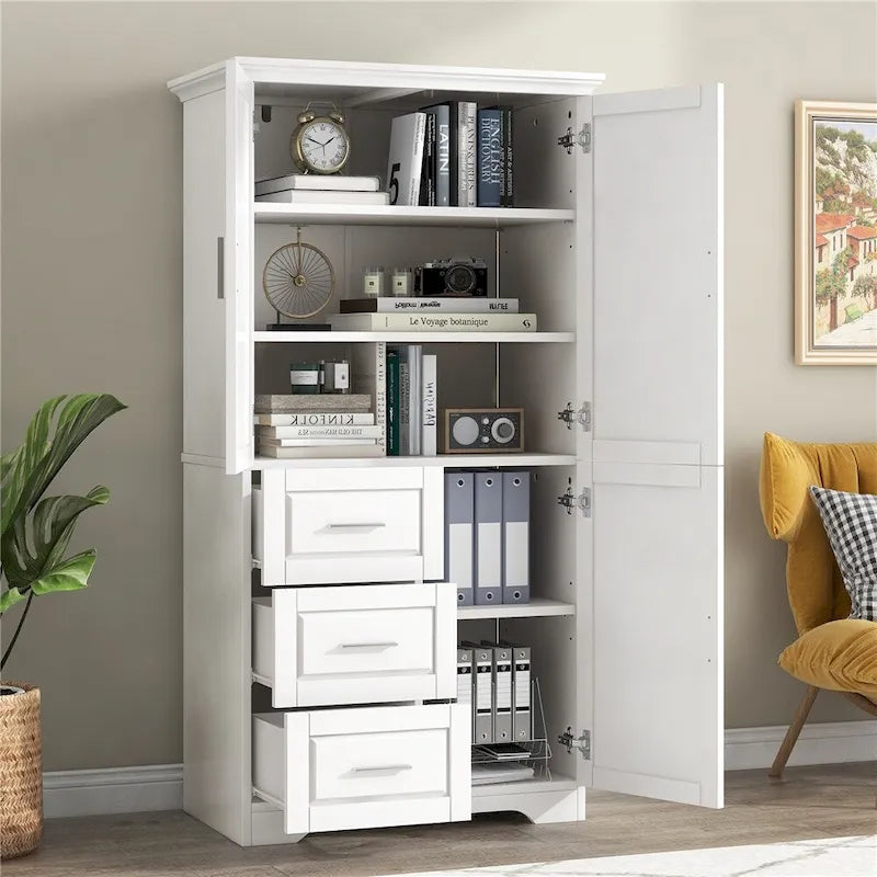 Meuble de rangement haut et large avec portes pour salle de bain, trois tiroirs