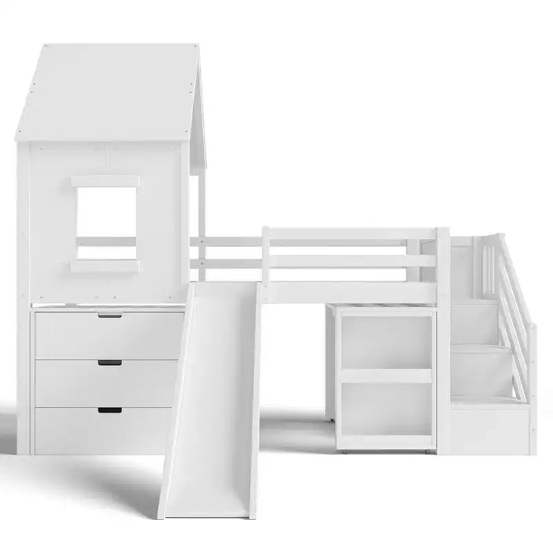 Lit mezzanine simple avec 3 tiroirs et escalier de rangement, structure cabane en bois avec toboggan et bureau amovible