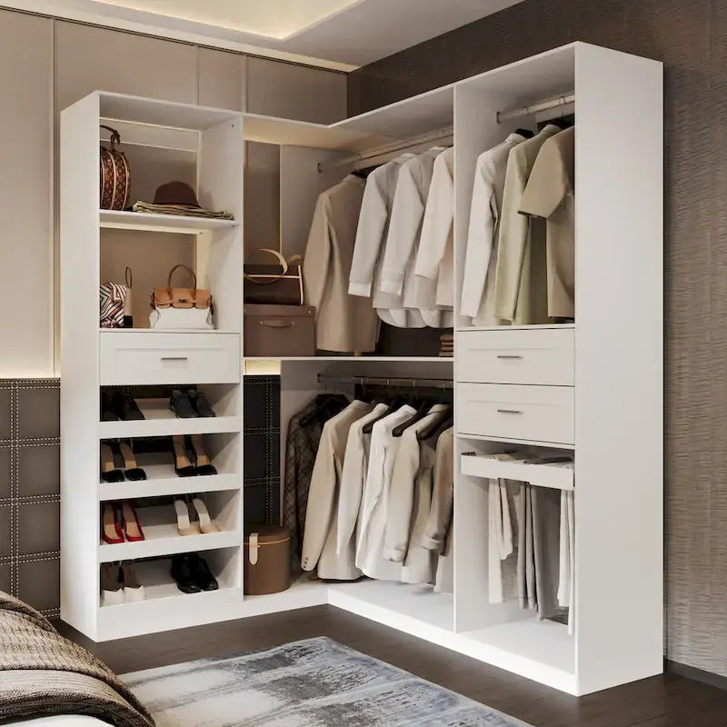 Armoire de coin avec 2 tringles, porte-pantalons et organisateur de chaussures